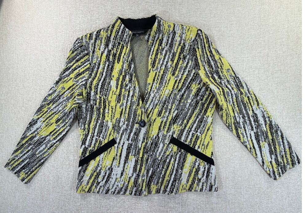 Ming Wang Women Petite M Gray Yellow Abstract Stripe Career Blazer Cardigan